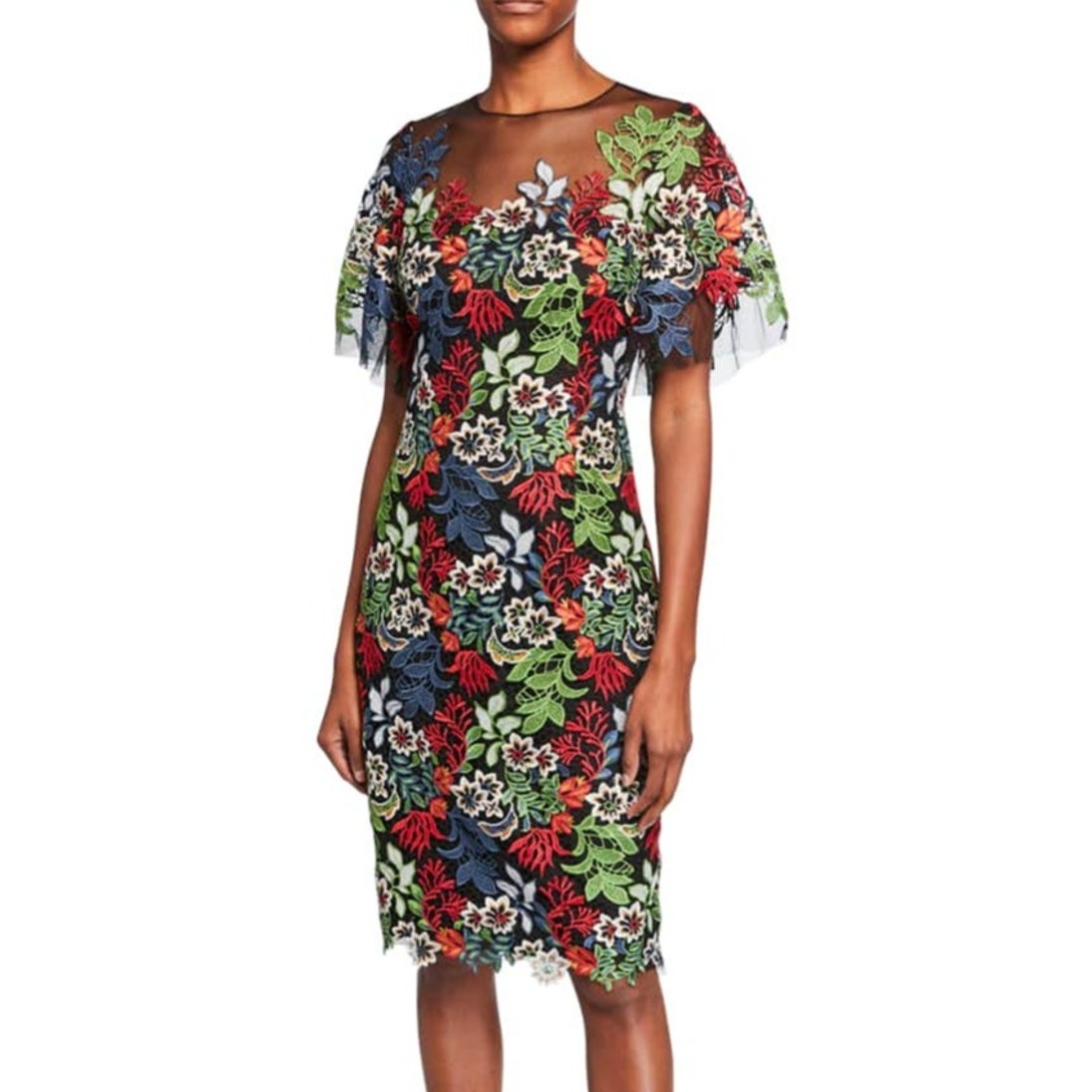 Teri Jon Cocktail Dress Black Lace Floral Embroidered Sheath Sz 2